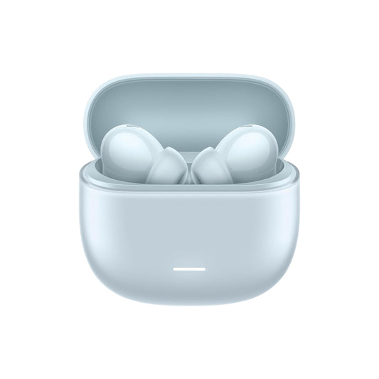White wireless earbuds in a matching charging case on a white background