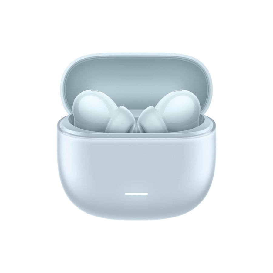 White wireless earbuds in a matching charging case on a white background