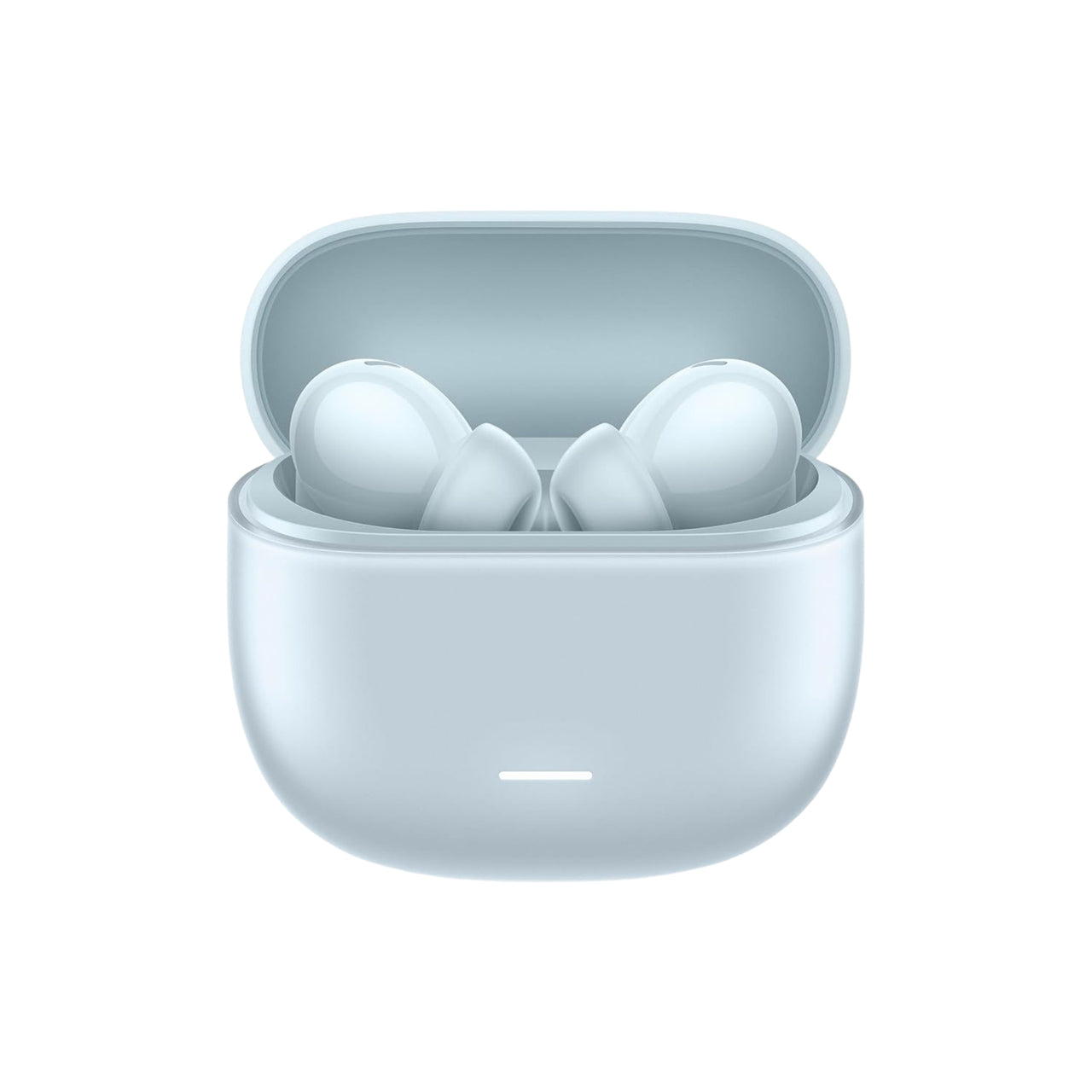 White wireless earbuds in a matching charging case on a white background
