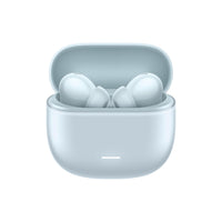White wireless earbuds in a matching charging case on a white background