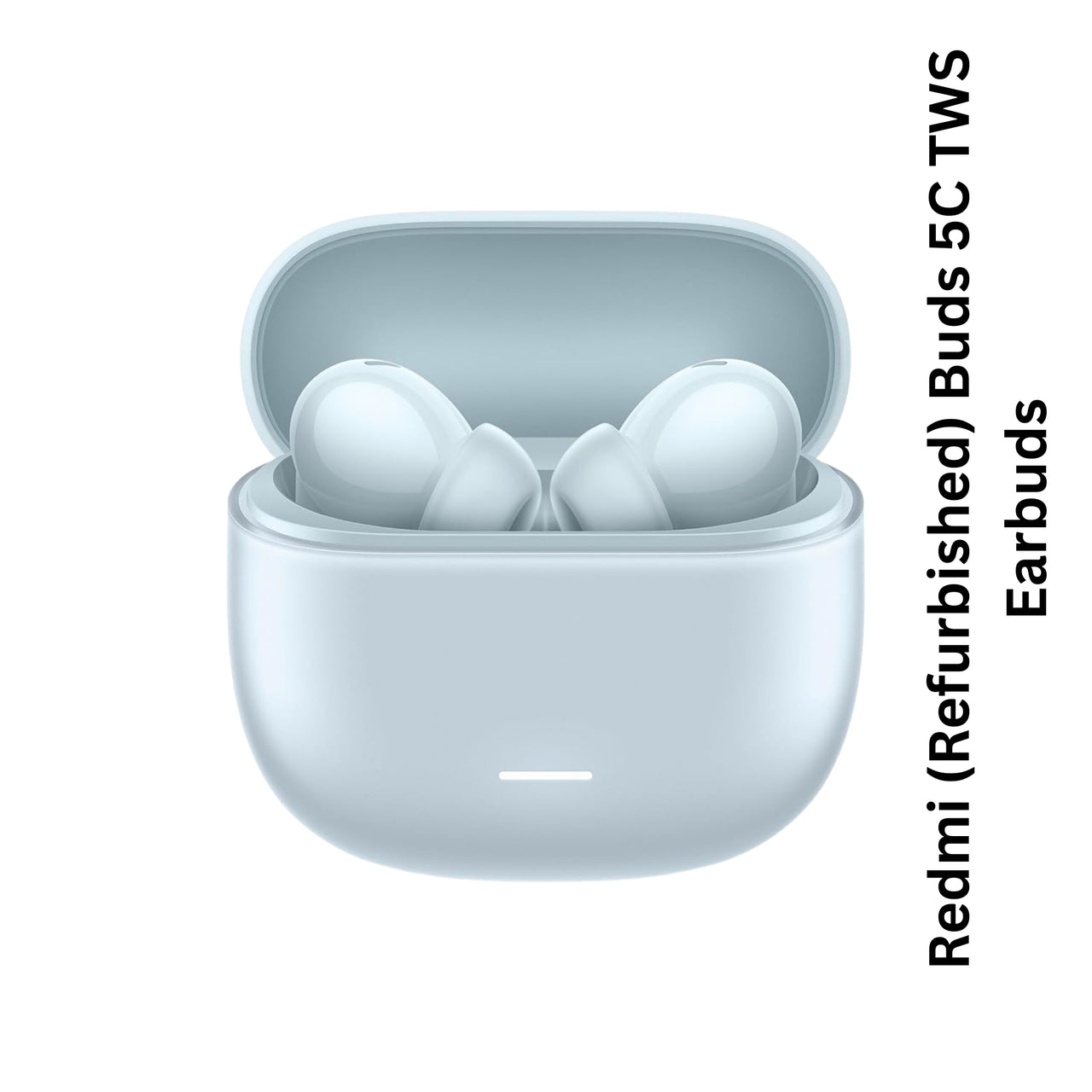 White wireless earbuds in a charging case on a white background with text indicating brand and model.