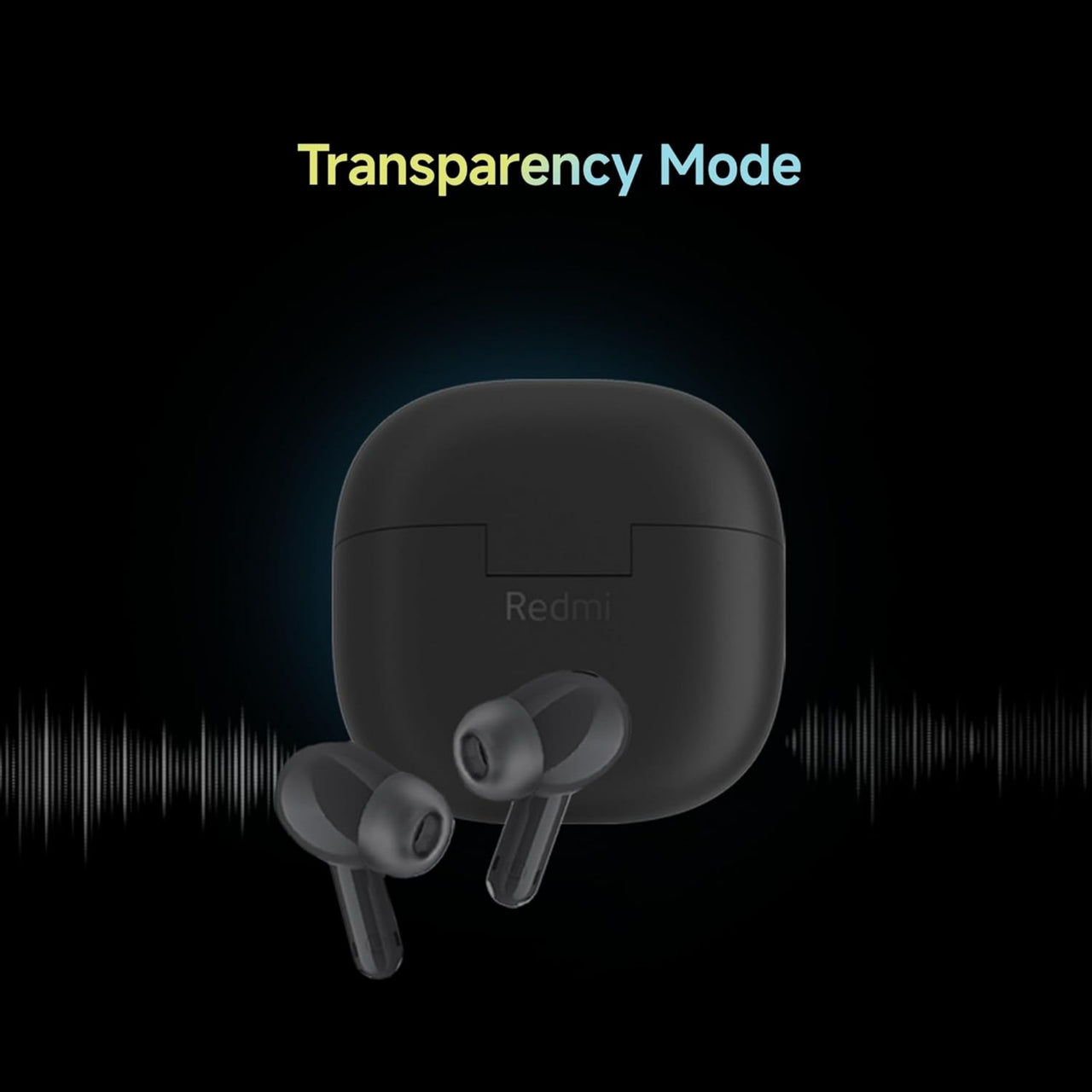 Black wireless earbuds with charging case on a black background, featuring 'Transparency Mode' text.