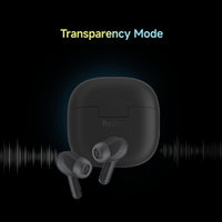 Black wireless earbuds with charging case on a black background, featuring 'Transparency Mode' text.