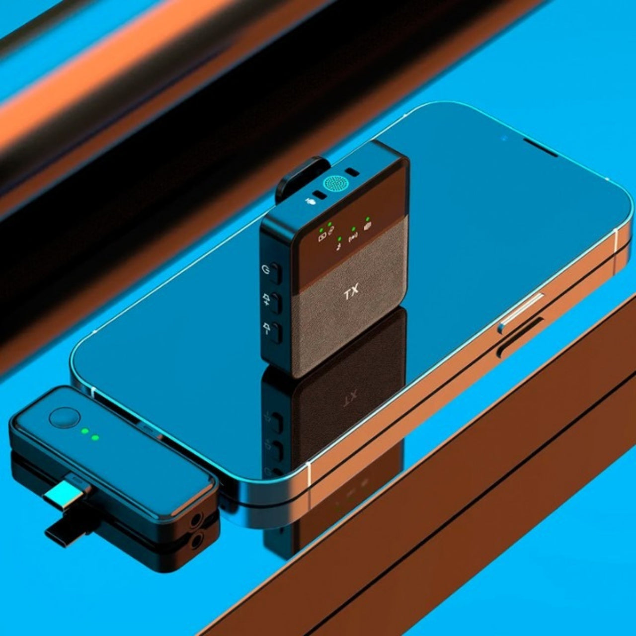 Two electronic devices on a reflective surface with a blue and brown gradient background