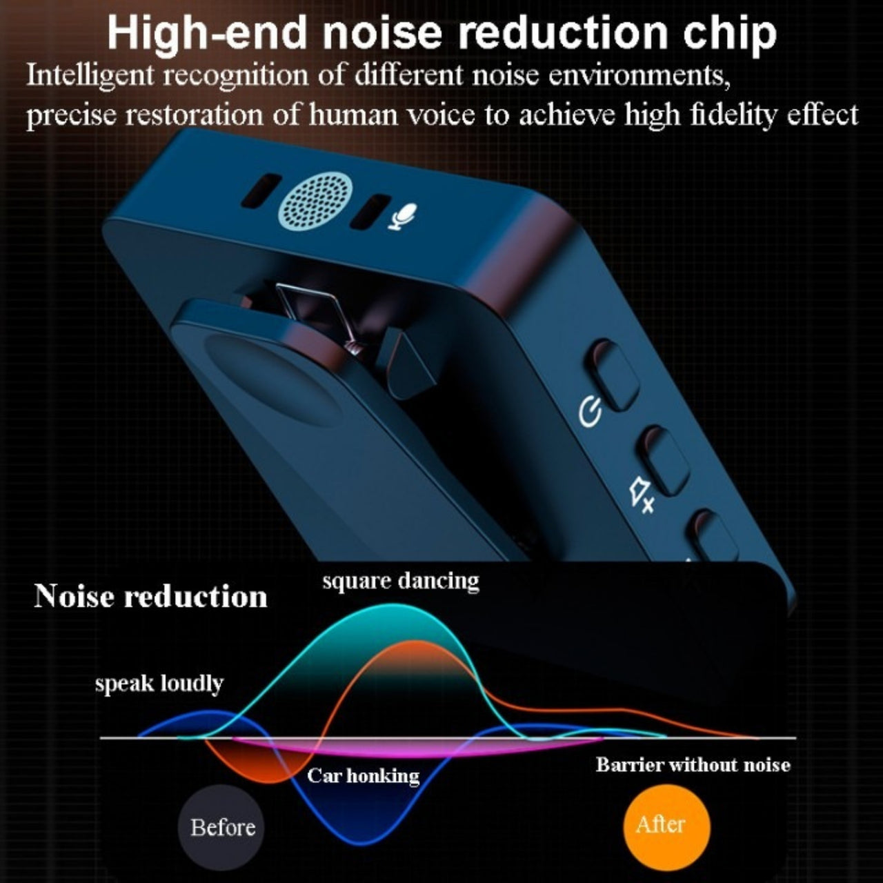 High-end noise reduction chip with visual representation of noise reduction effect on a dark background