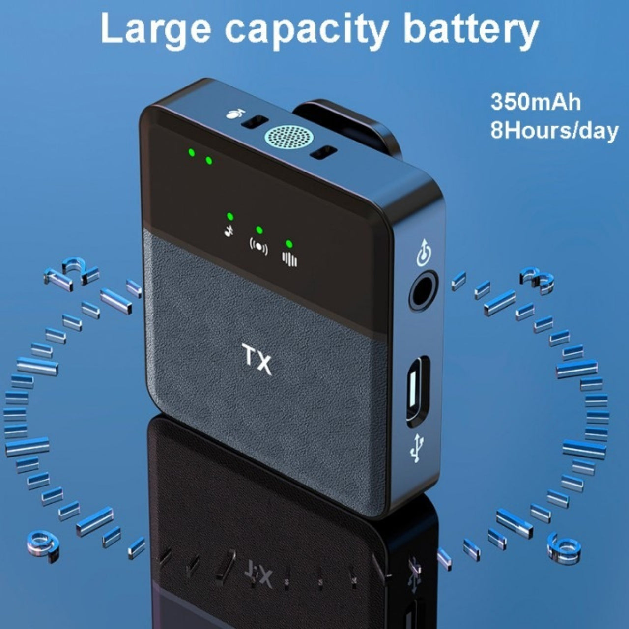 Portable device with 'TX' branding on a blue background, highlighting large capacity battery feature.
