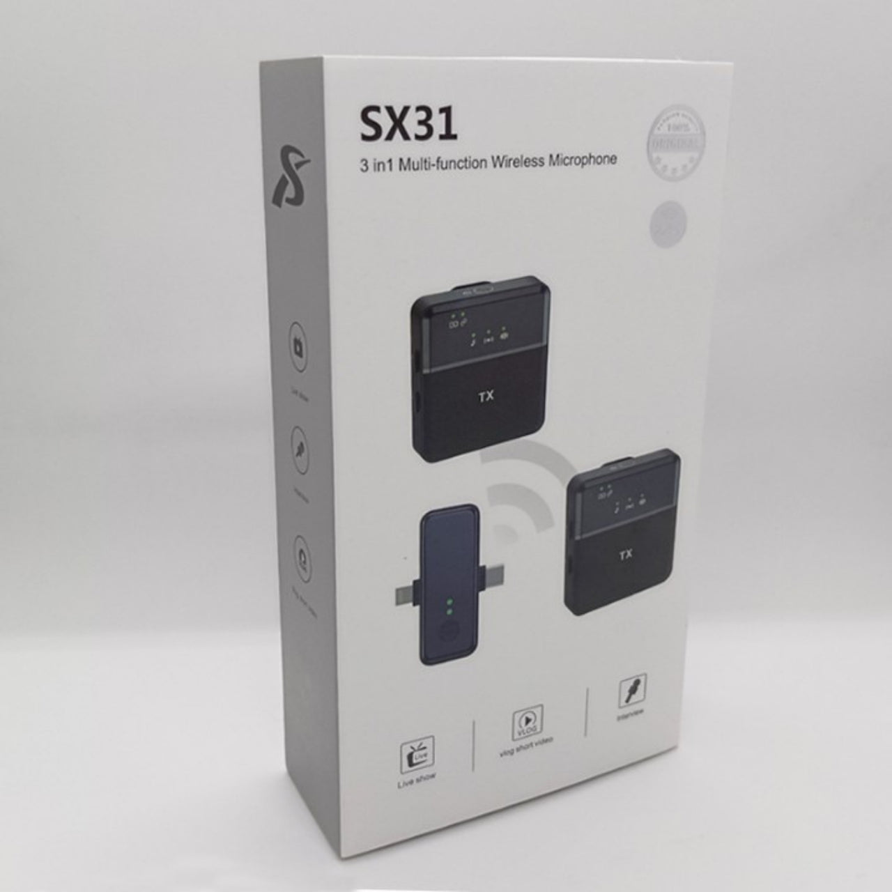 Box packaging of SX31 3-in-1 multi-function wireless microphone on a white background