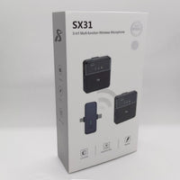 Box packaging of SX31 3-in-1 multi-function wireless microphone on a white background