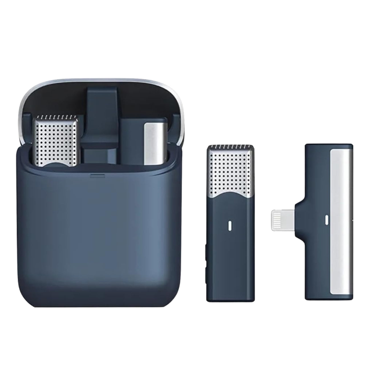 Set of electronic devices including a blue case, a small rectangular device with a mesh design, and a USB-like cable on a white background.