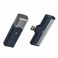 Two electronic devices, one resembling a microphone and the other a camera lens, on a white background.