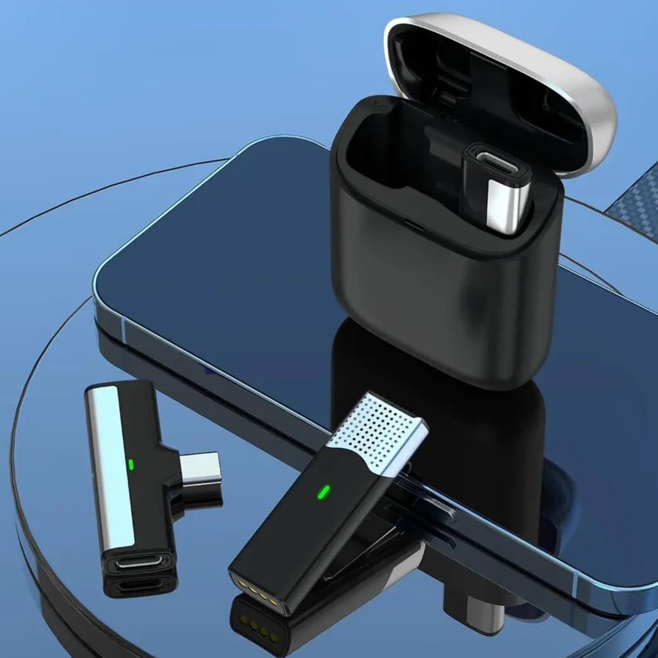 Black wireless earbuds with charging case on a reflective surface