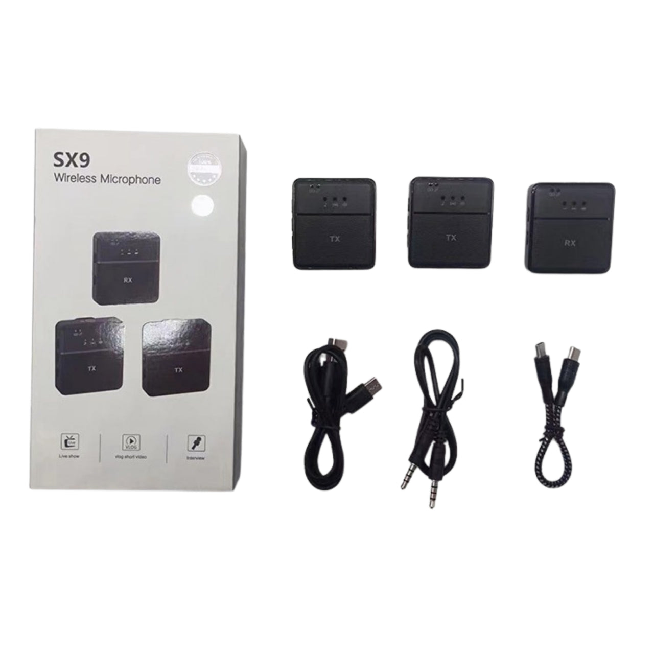 SX9 wireless microphone set with packaging on a white background