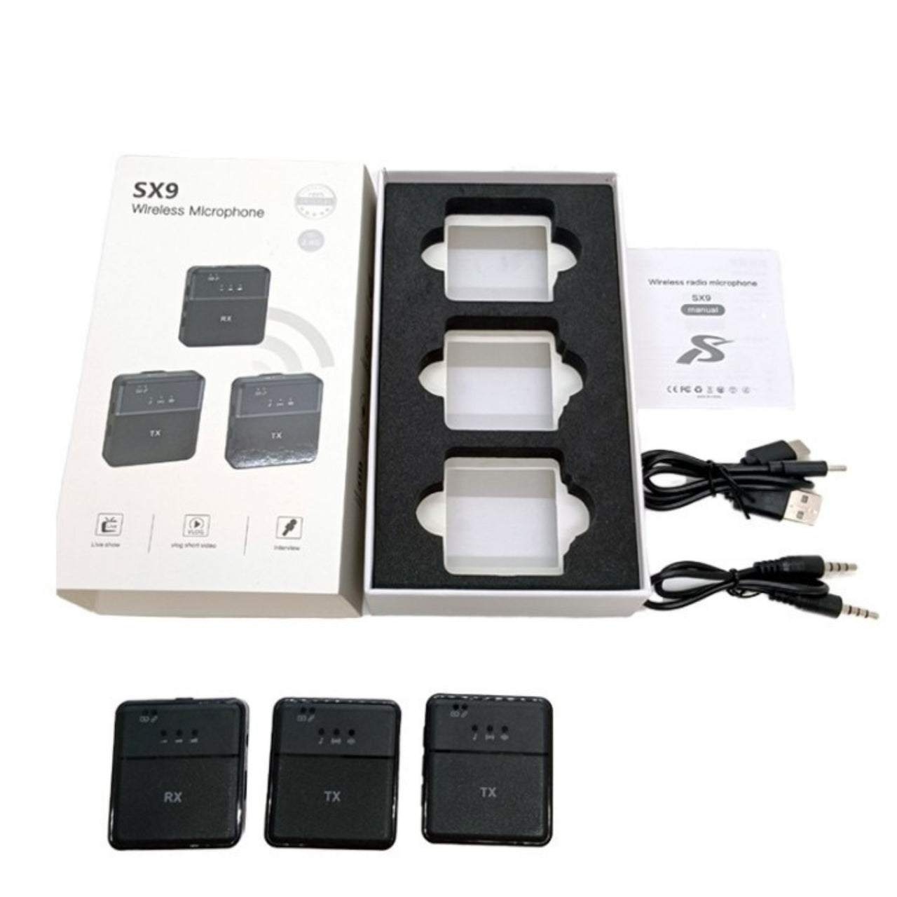 Wireless microphone system with packaging, receiver, transmitter, and USB cable on a white background