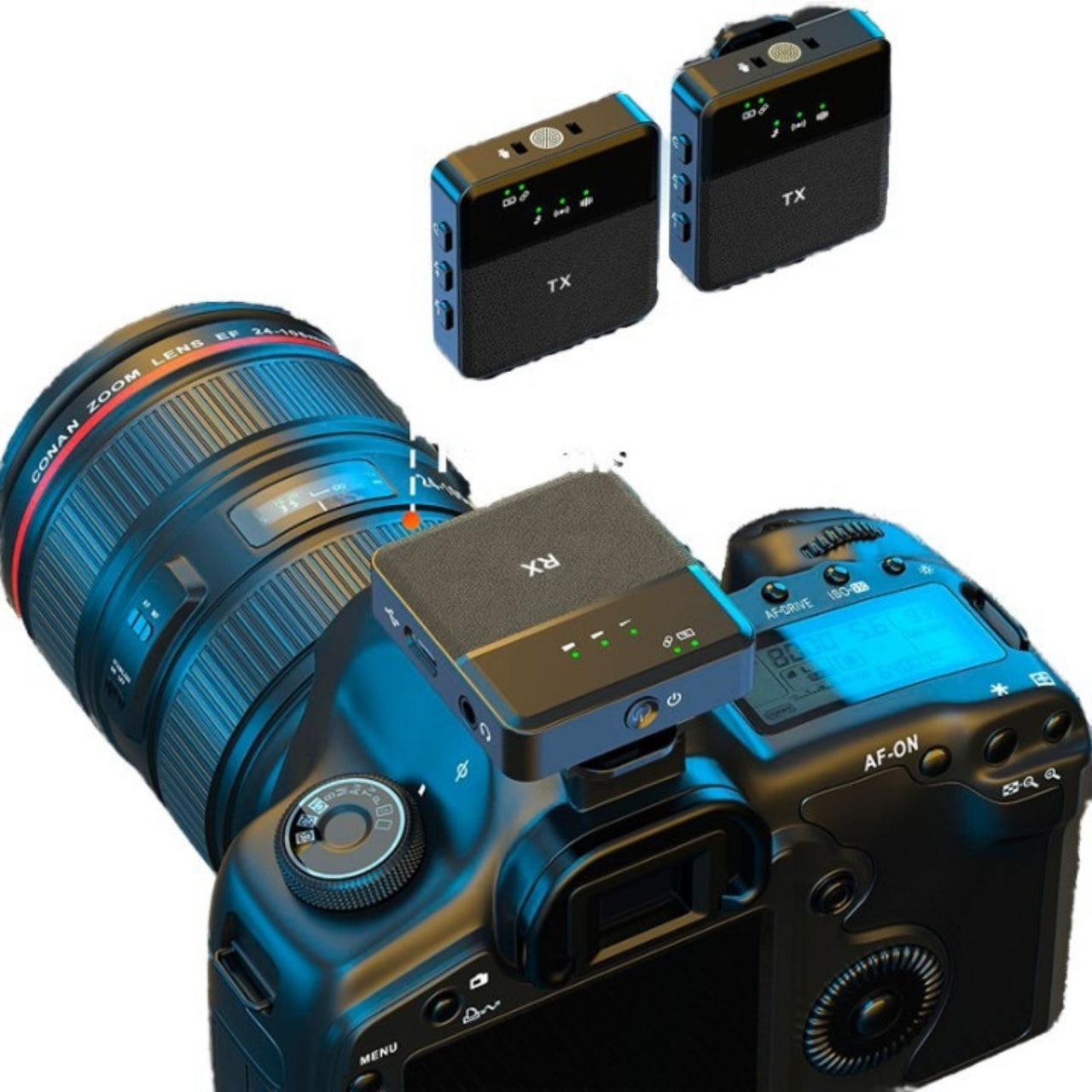 Camera with wireless microphone transmitter and receiver on a white background