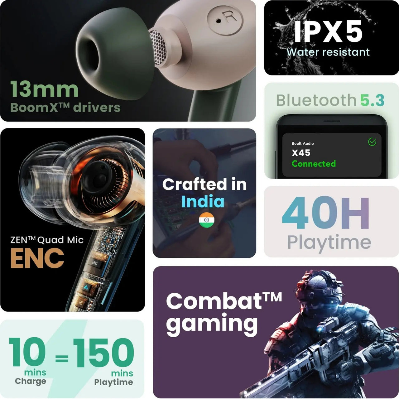 Collage of features and specifications of a gaming headset with close-up details and text.