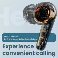 Transparent earbud with internal components on a light blue background, featuring text about environmental noise cancellation.