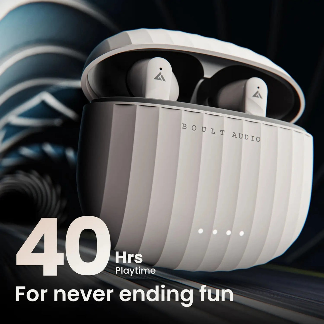 Boult Audio wireless earbuds in charging case with 40 hours playtime text on a dark background