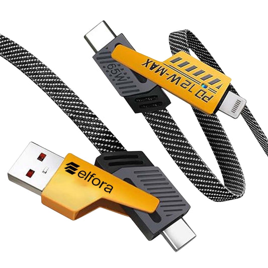 4-in-1 Braided Fast Charging Cable 65W | Quad Multiport 1.5m Rugged Cable | Type-C to Lightning & Type-C to USB-A | Compatible with iPhone, iPad, MacBook, Android & Tablets