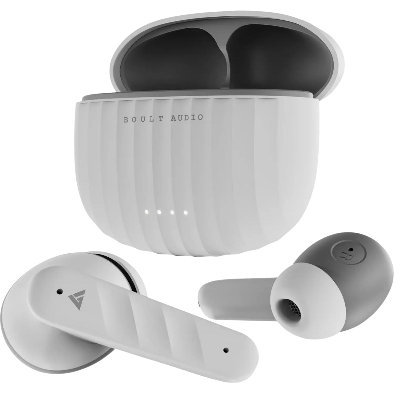 Gray wireless earbuds with charging case on a white background
