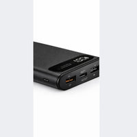 Black power bank with multiple ports on a white background