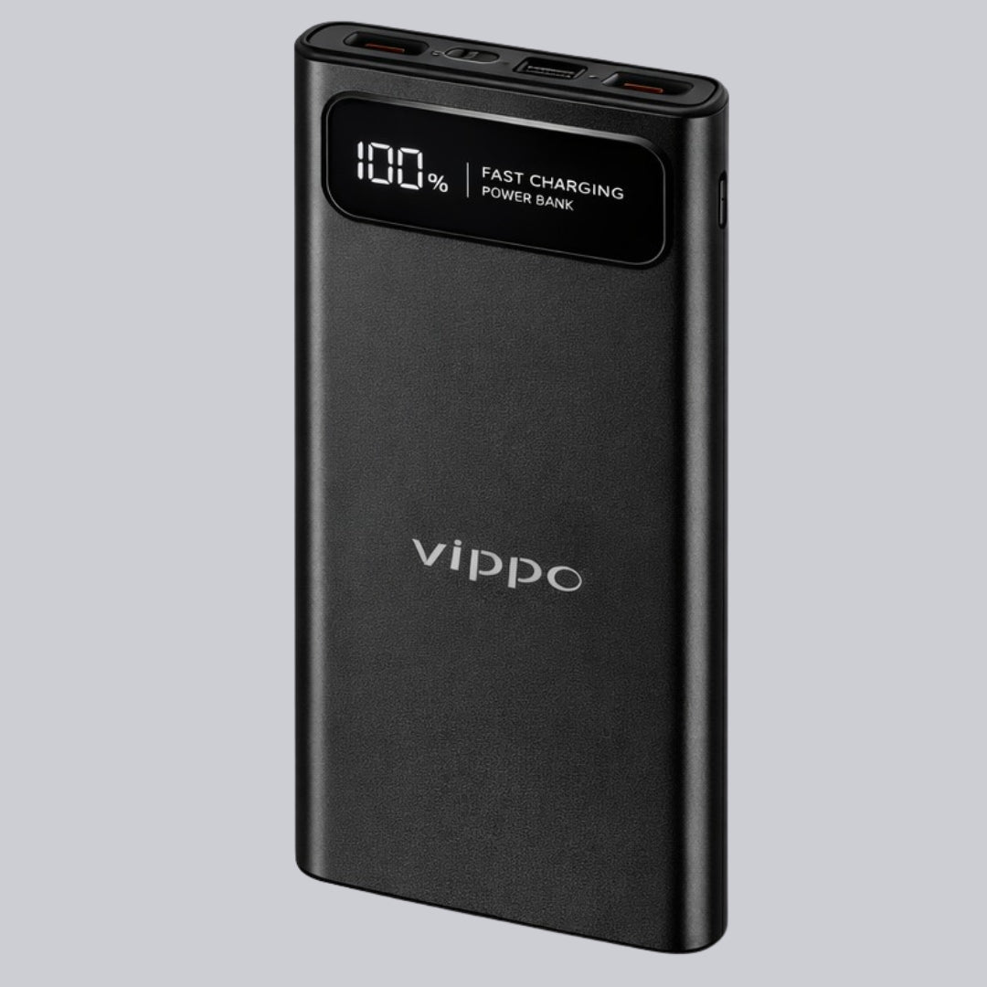 Black power bank with digital display and Vippo branding on a light gray background