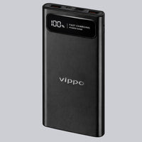 Black power bank with digital display and Vippo branding on a light gray background