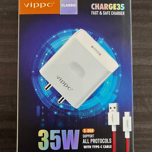 Voppo Charge35 fast and safe charger packaging on a wooden surface