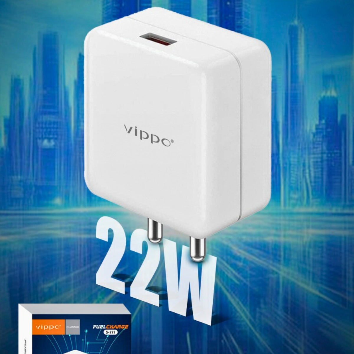 Voppo power adapter with USB-C port on a blue cityscape background