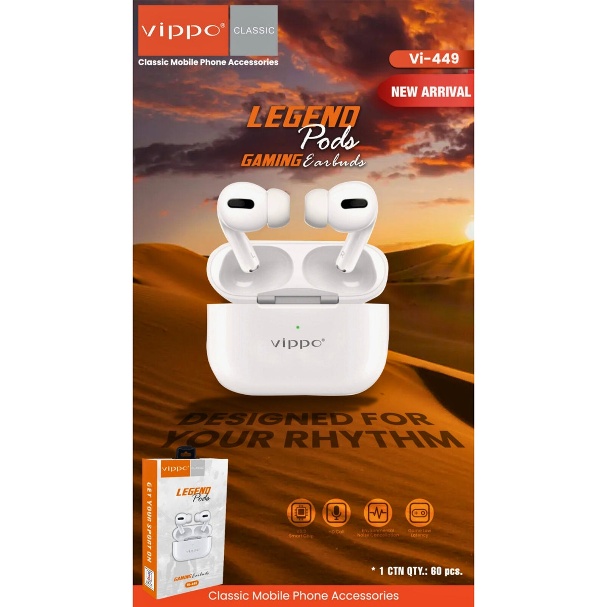 Vippco Legend Pods gaming earbuds packaging with desert landscape background
