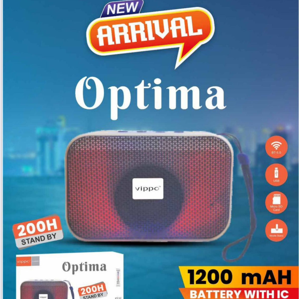 Voppo Optima portable speaker with product details on a blue background