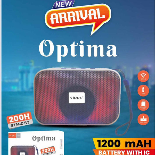 Voppo Optima portable speaker with product details on a blue background