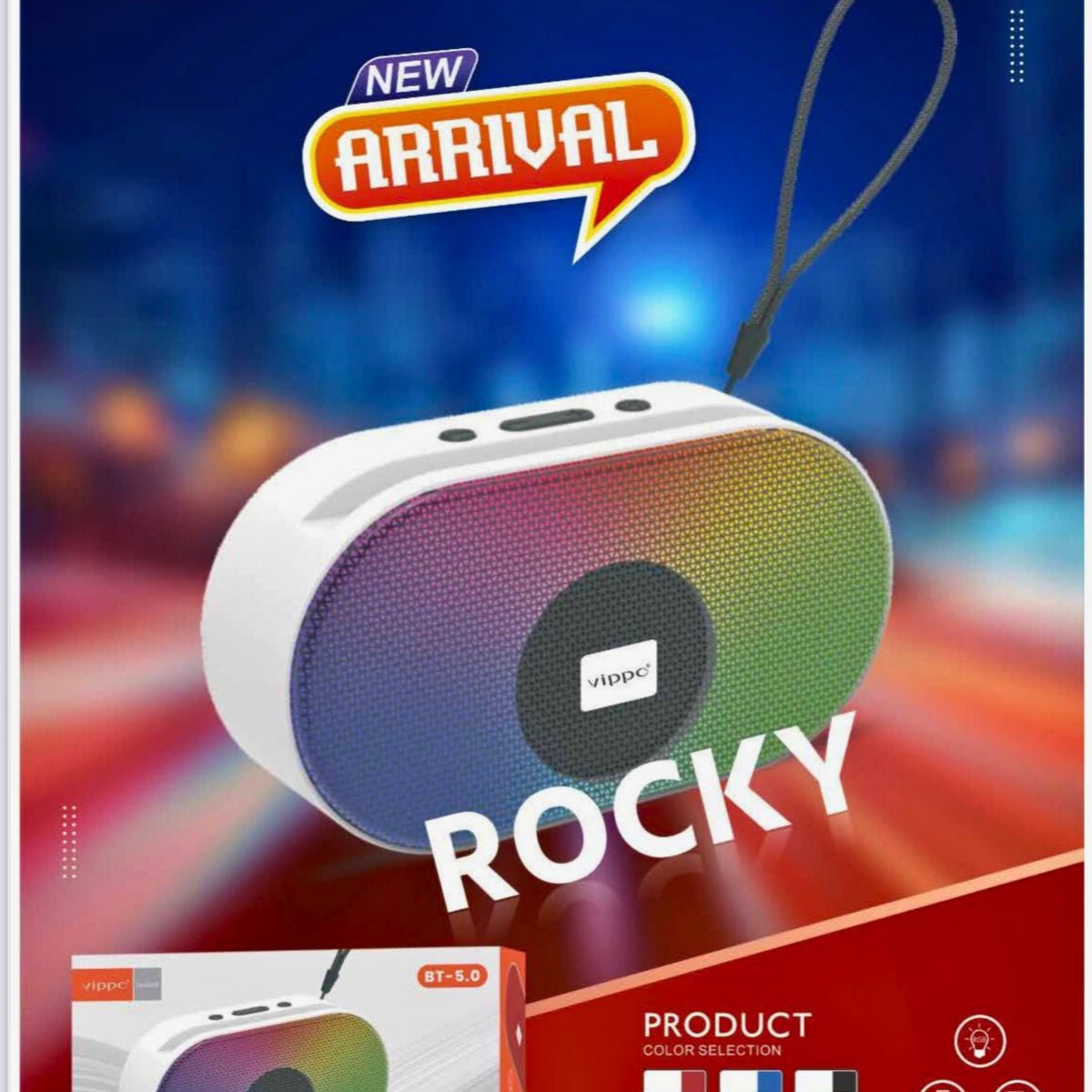 Colorful portable speaker with 'NEW ARRIVAL' and 'ROCKY' branding on a vibrant background.