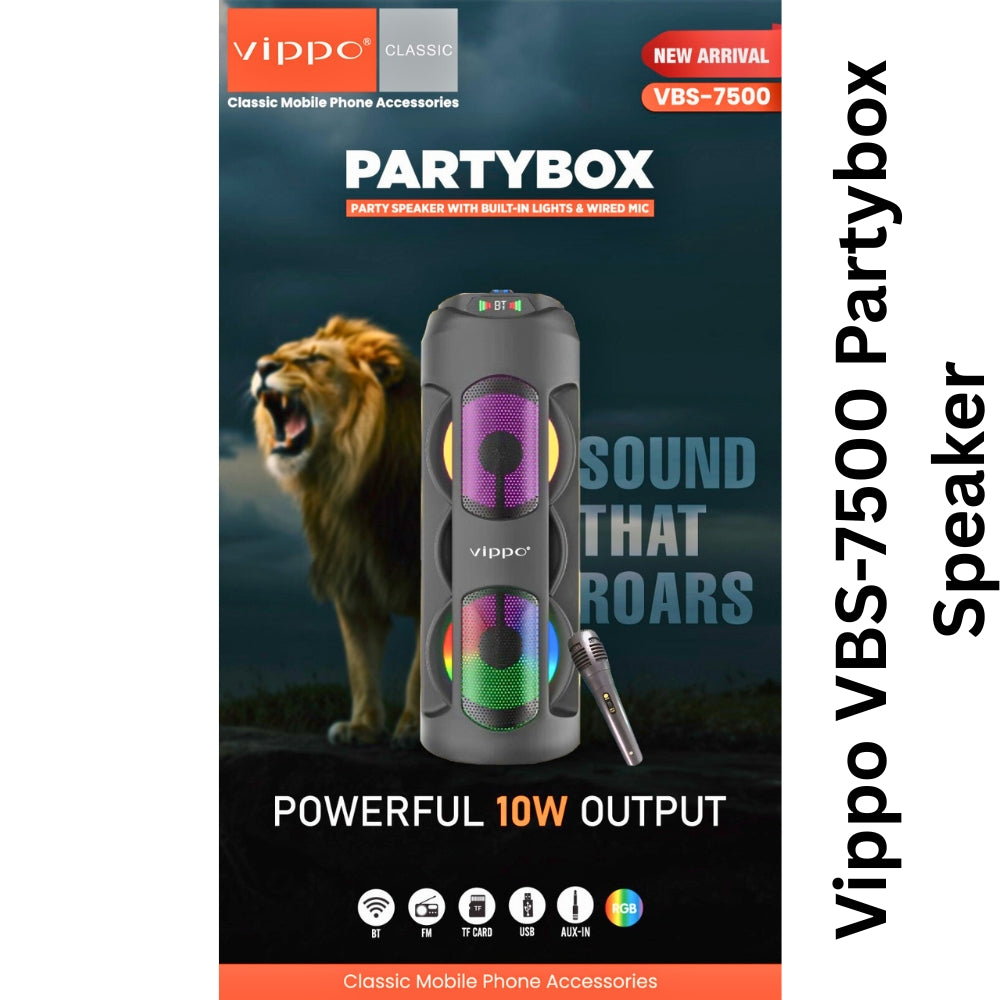 Vippo VBS-7500 Partybox speaker packaging with a lion and product details.