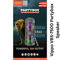 Vippo VBS-7500 Partybox speaker packaging with a lion and product details.
