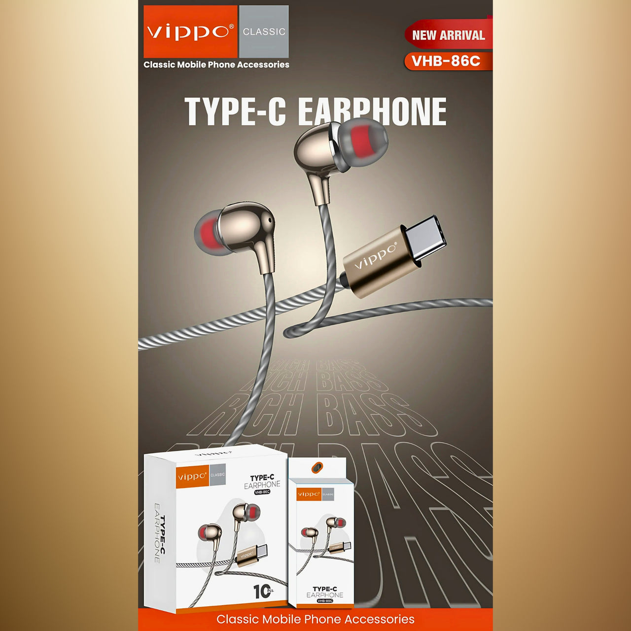 Vippo Type-C earphone packaging with earphones and box on a gold and gray background