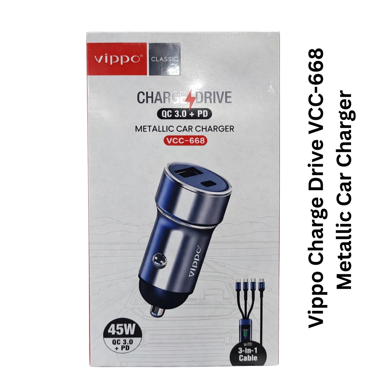 Vippo Charge Drive metallic car charger packaging on a white background
