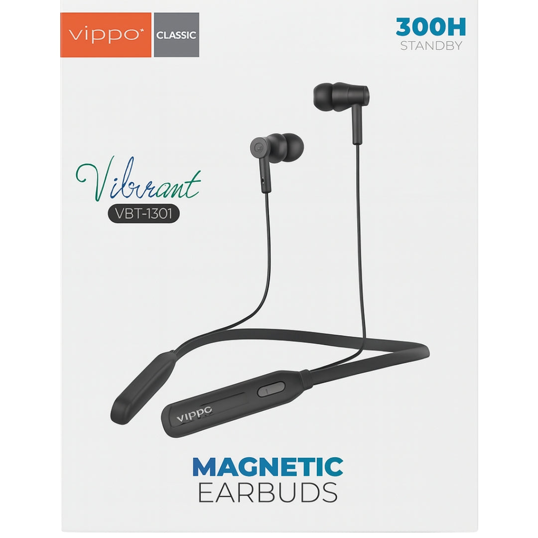 Vippo Vibrant VBT-1301 Wireless Neckband | 300H Standby | Magnetic Earbuds | Effortless Clear Sound