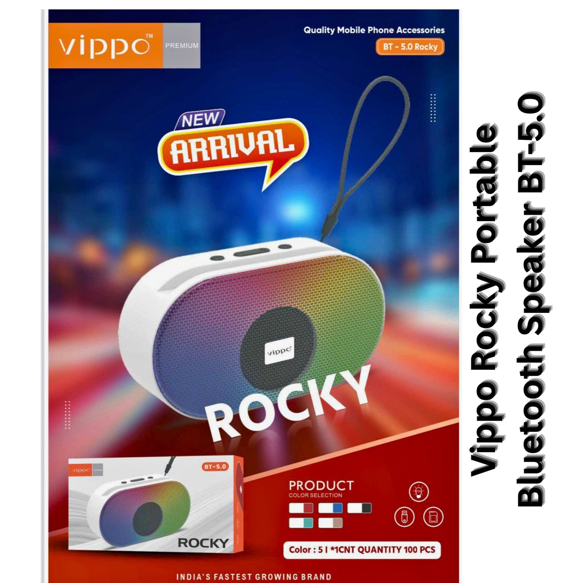 Voppo Rocky Portable Bluetooth Speaker BT-5.0 packaging with colorful design and brand logo.