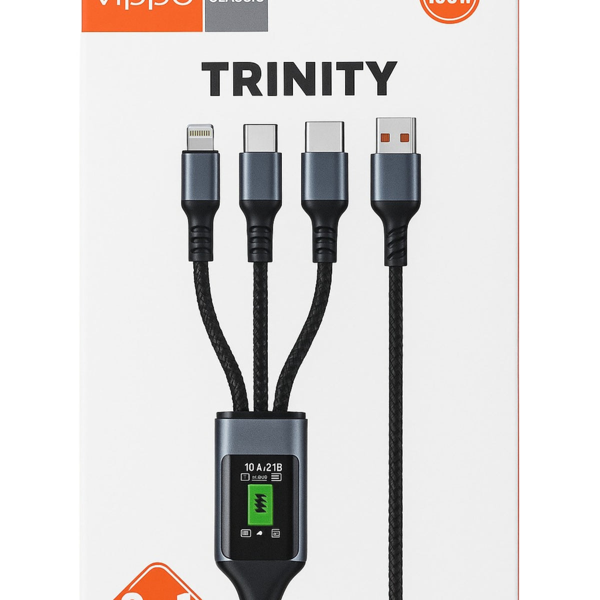 Vippo Trinity VBW-119 3-in-1 100W Fast Charging Cable | Type-C, Micro & Lightning | Universal Power Delivery 1.2M Cable