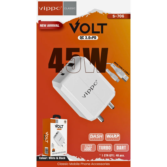 Vippo Volt S-706 45W QC 3.0 + PD Fast Charger with Type-C Cable – High-Speed Wall Adapter