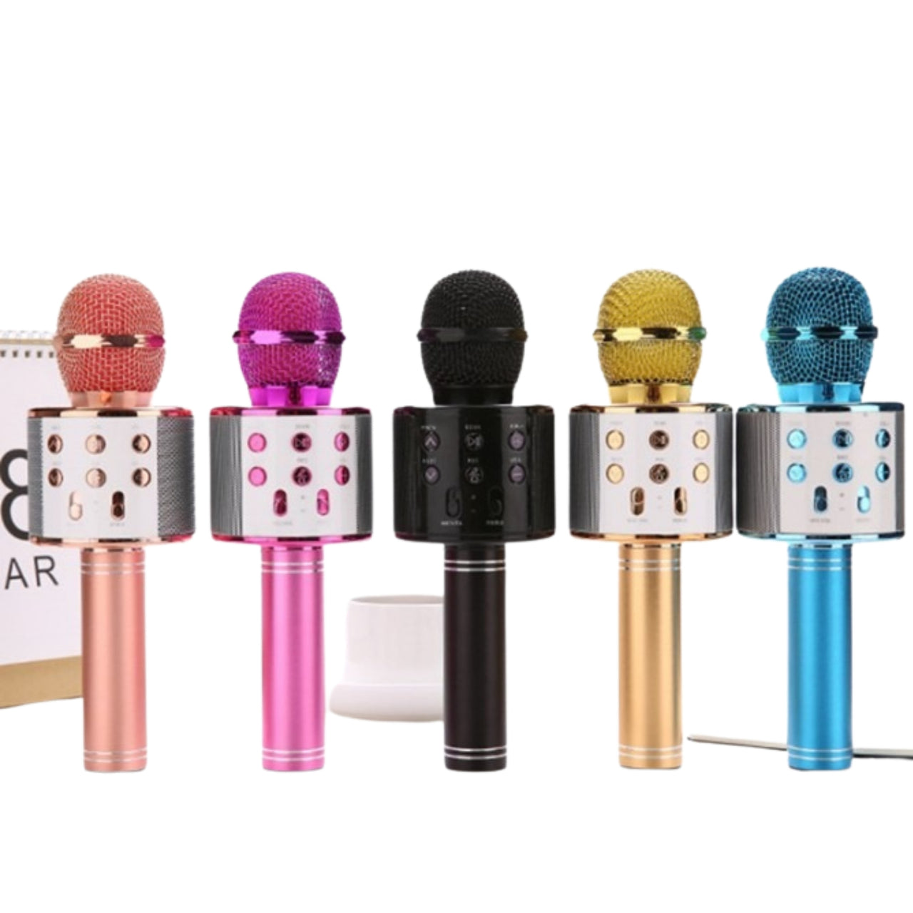 Five colorful microphones on a white background