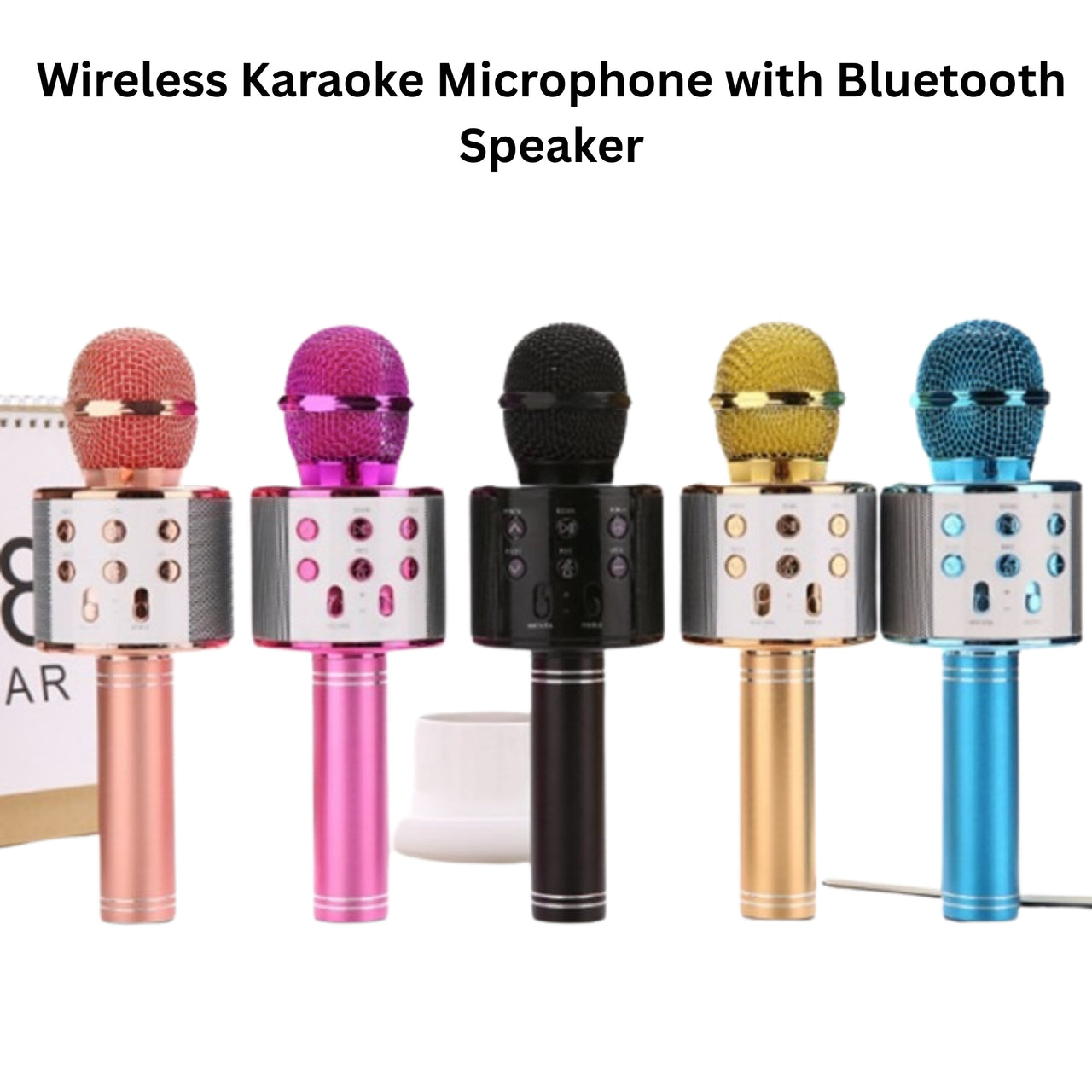 Five colorful wireless karaoke microphones with Bluetooth speaker on a white background