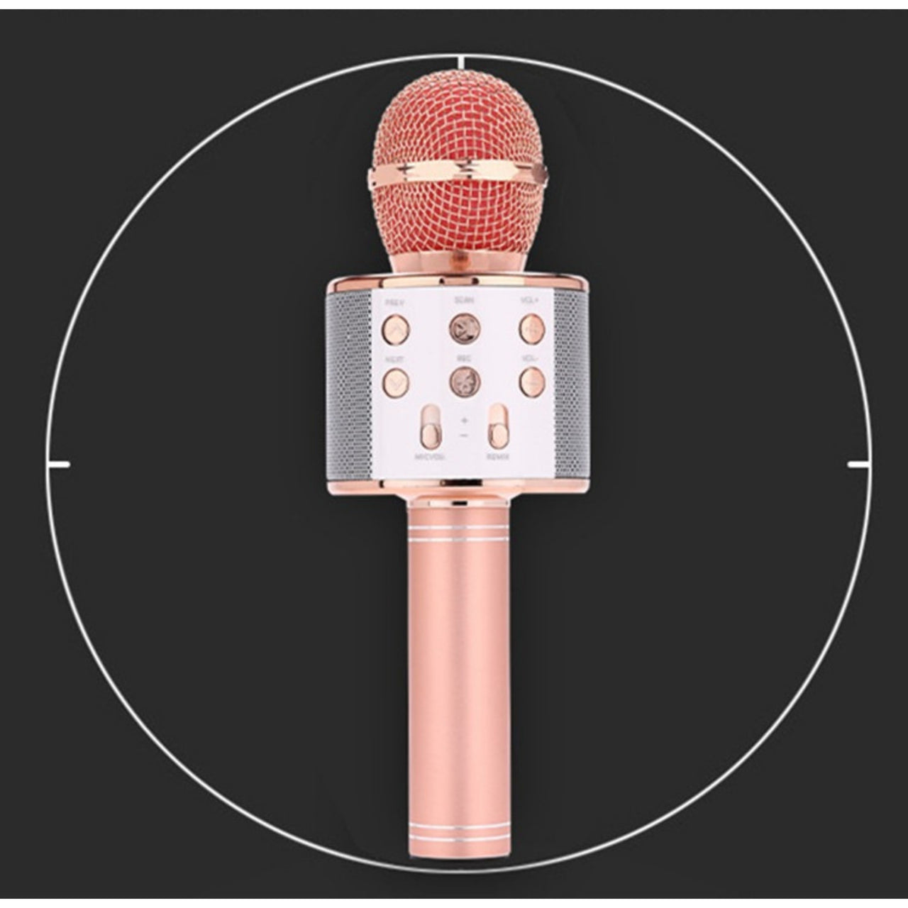 Rose gold wireless microphone on a black background