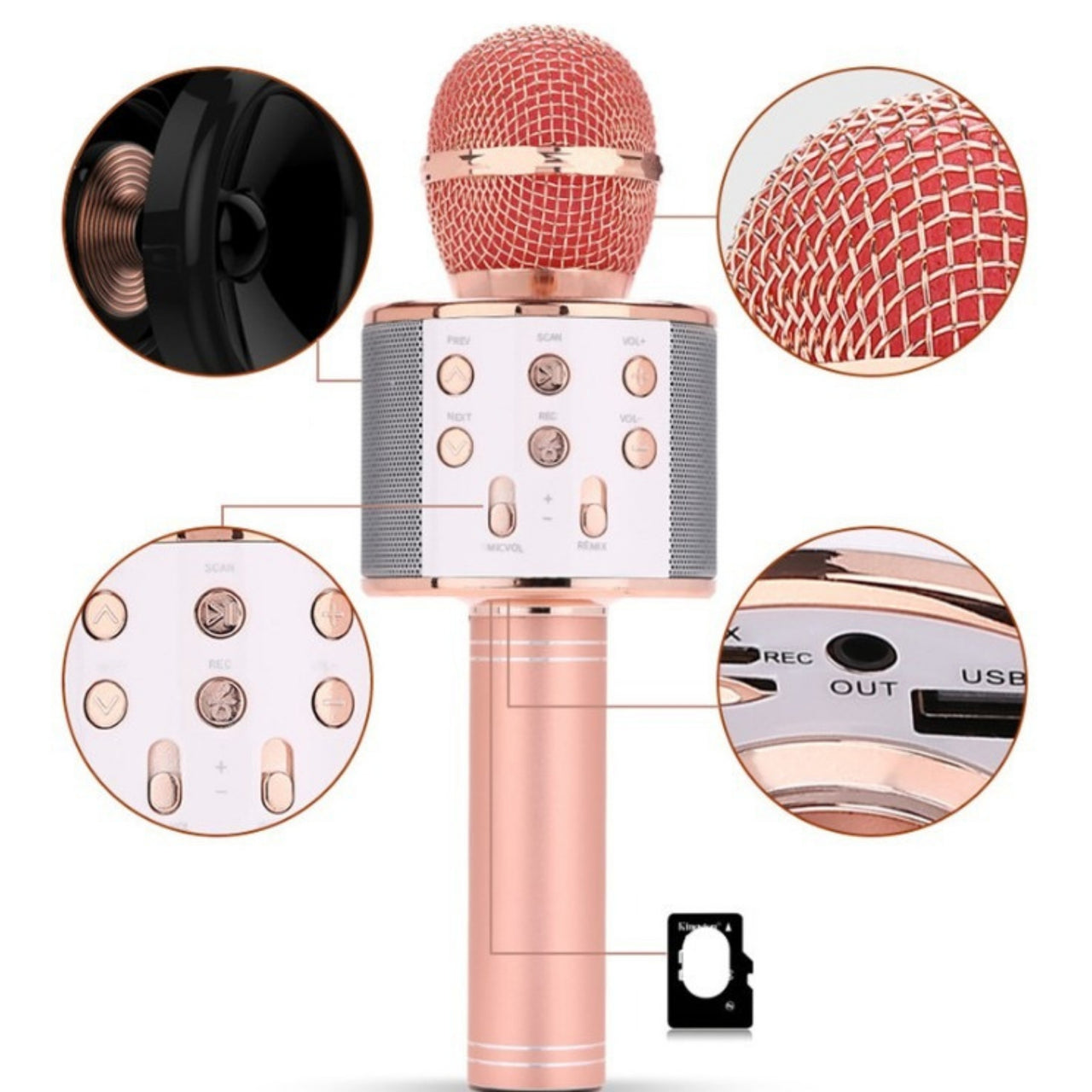 Rose gold microphone with detailed close-ups on a white background