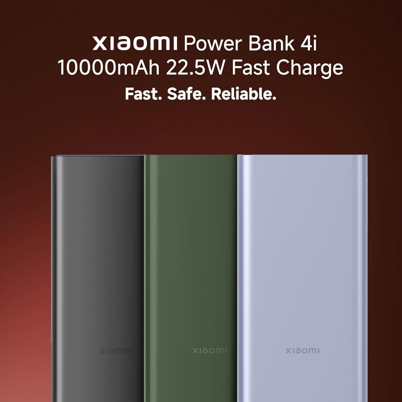 Three Xiaomi power banks in different colors on a gradient background with product details.