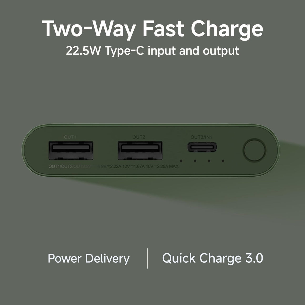 Two-way fast charge device with USB ports on a gray background