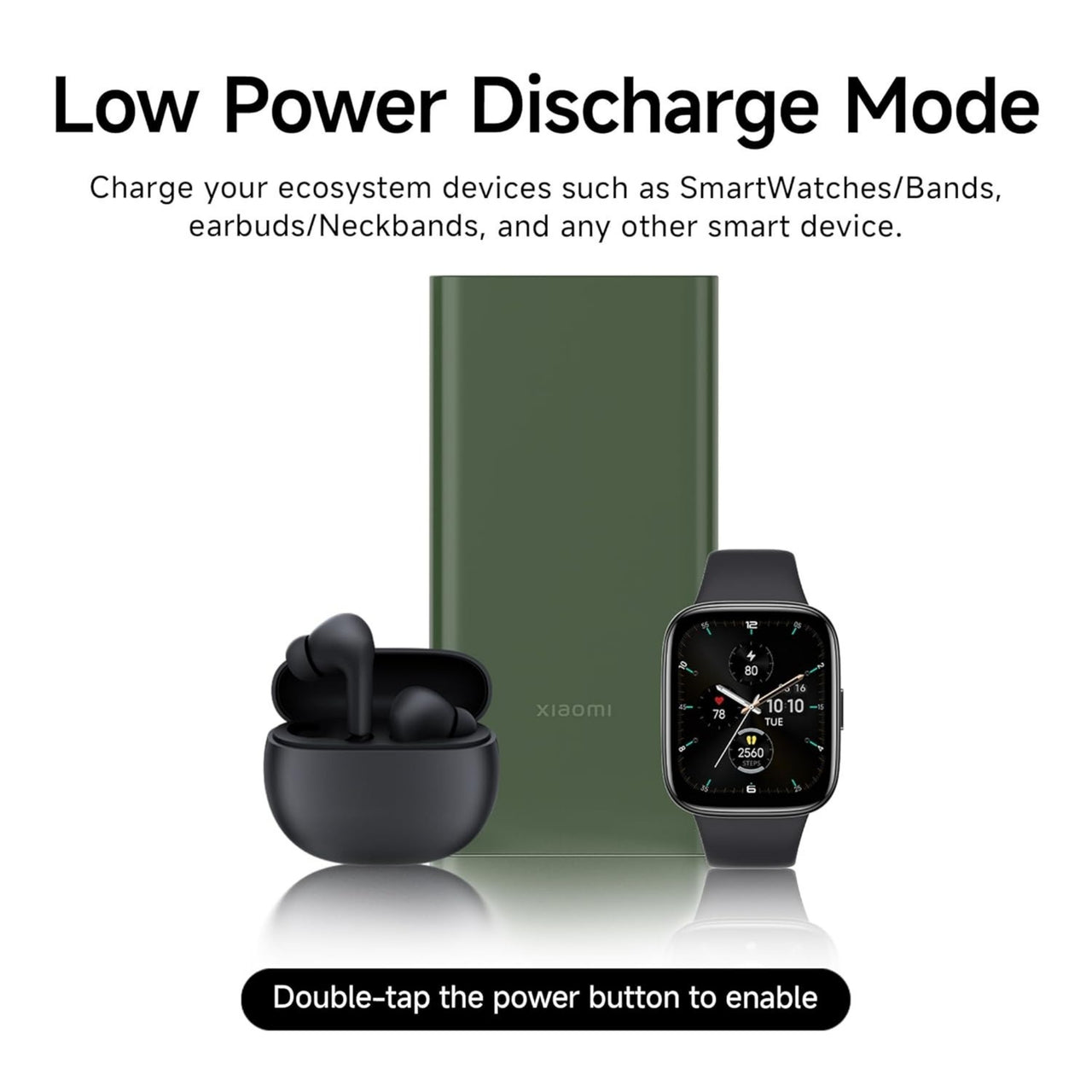 Smartwatch, earbuds, and charging case with Xiaomi branding on a white background.