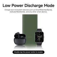 Smartwatch, earbuds, and charging case with Xiaomi branding on a white background.