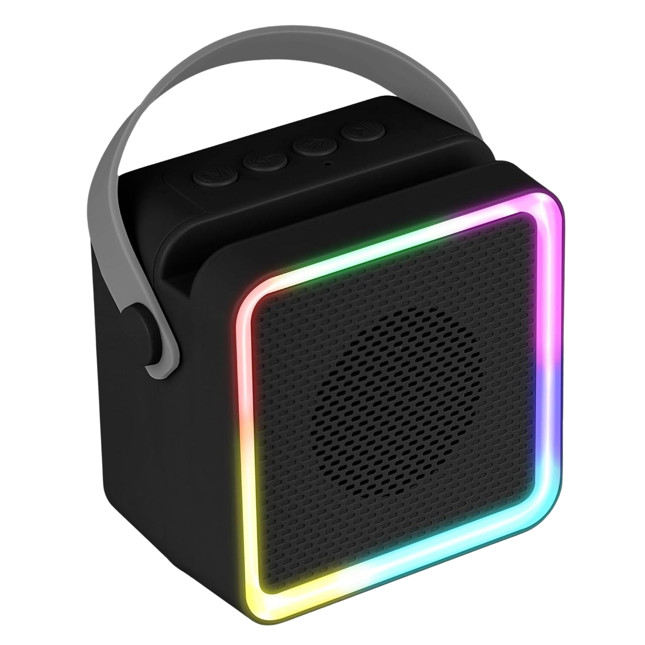 Black portable speaker with colorful LED rim on a white background