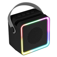 Black portable speaker with colorful LED rim on a white background